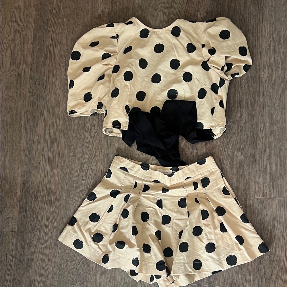 Polka Dot Puff Sleeve Blouse - Black and Tan